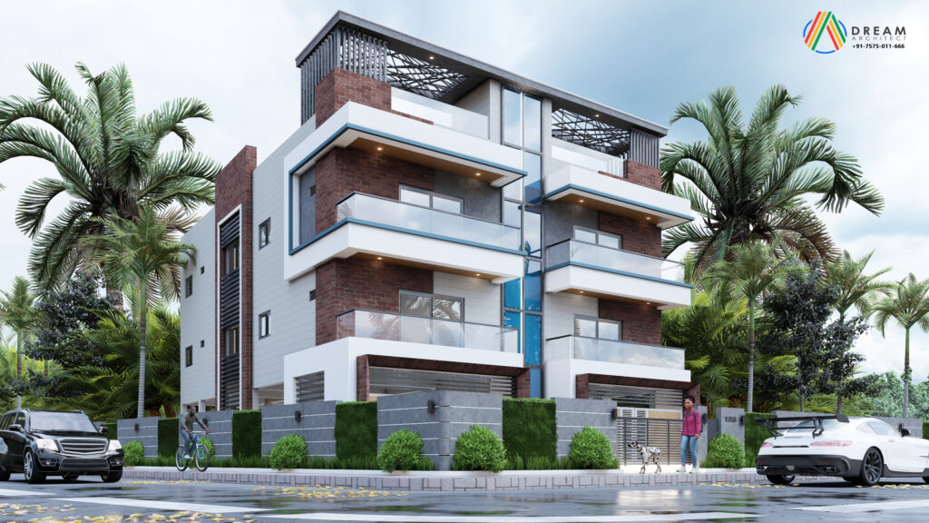 Modern house elevation design with stylish facade, glass windows, and contemporary exterior finish.
