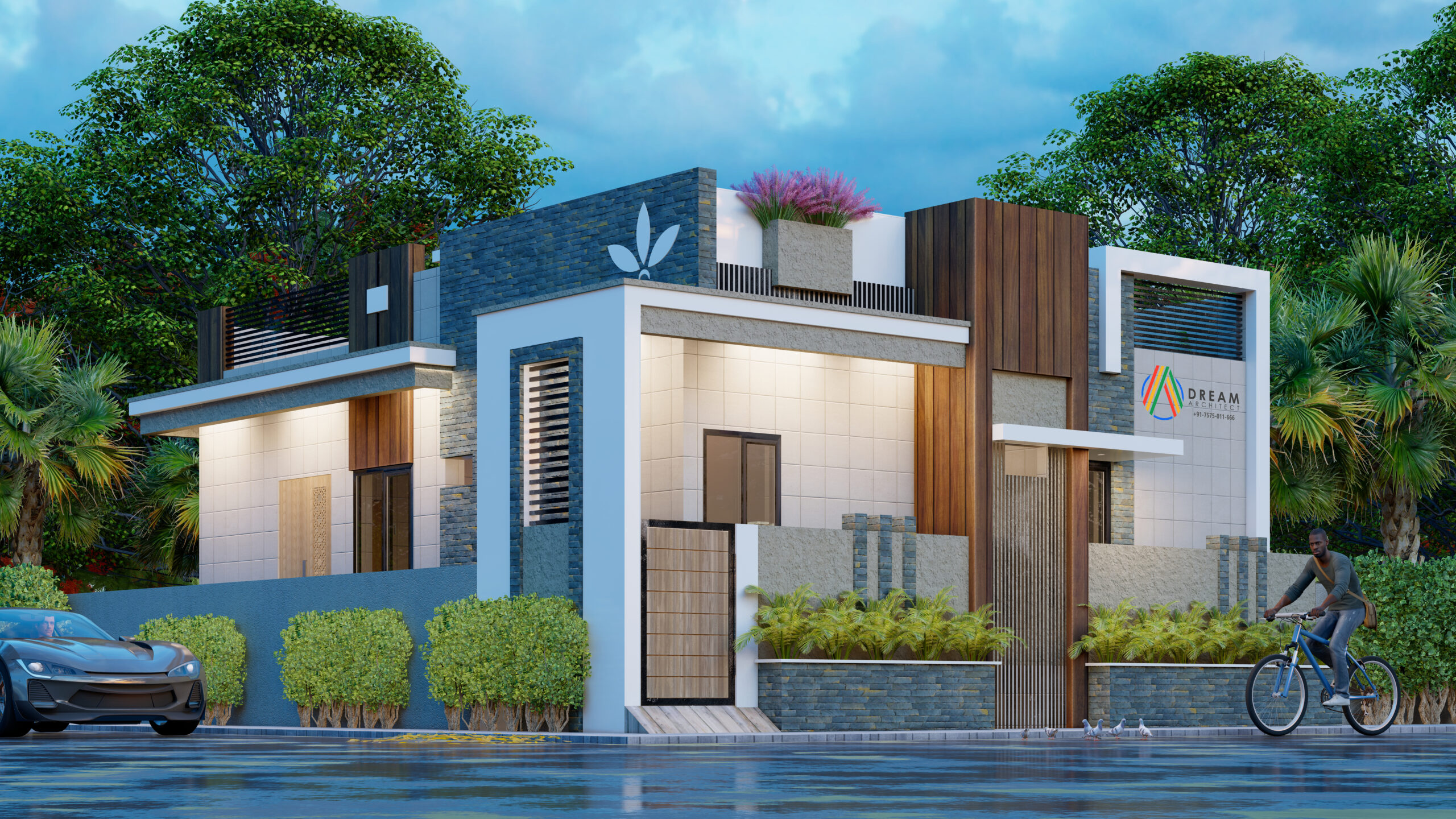 Modern house elevation design with stylish facade, glass windows, and contemporary exterior finish.