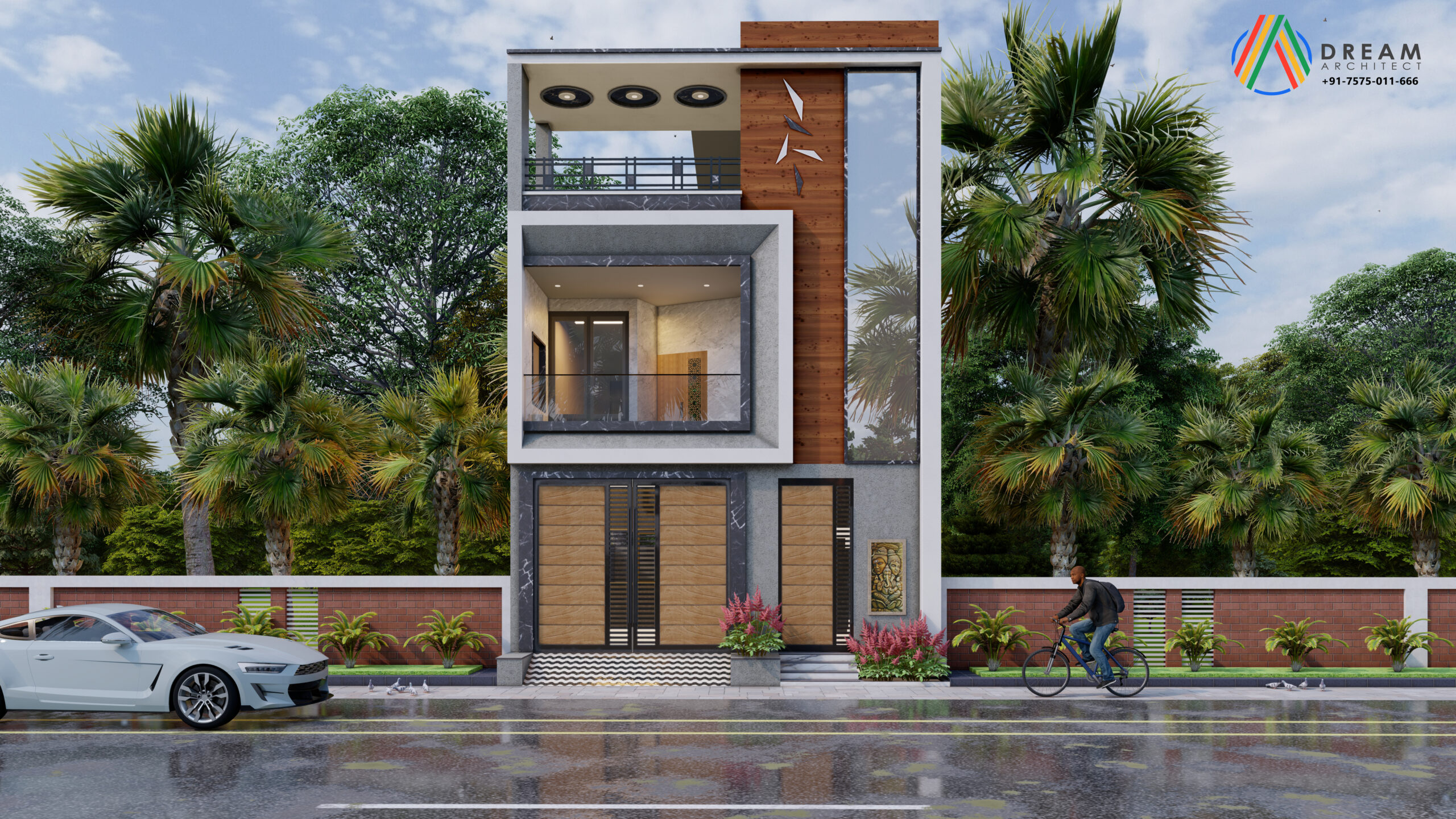 Modern house elevation design with stylish facade, glass windows, and contemporary exterior finish.