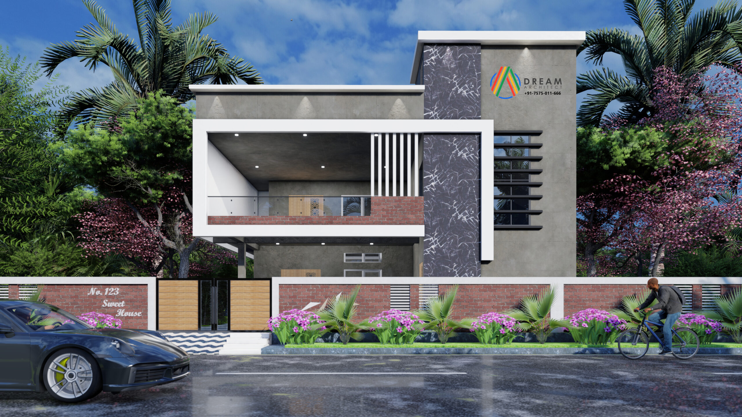 Modern house elevation design with stylish facade, glass windows, and contemporary exterior finish.