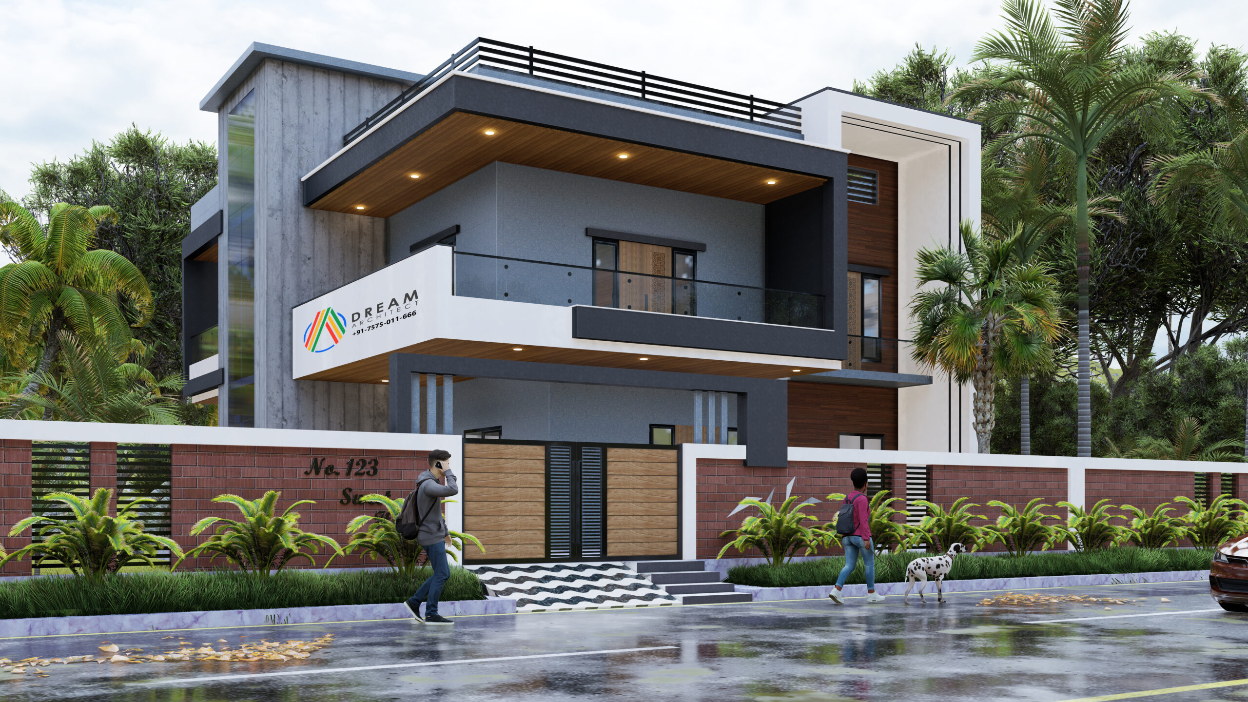 Modern 3D house elevation featuring a contemporary façade with large windows, wooden paneling, and ambient lighting.