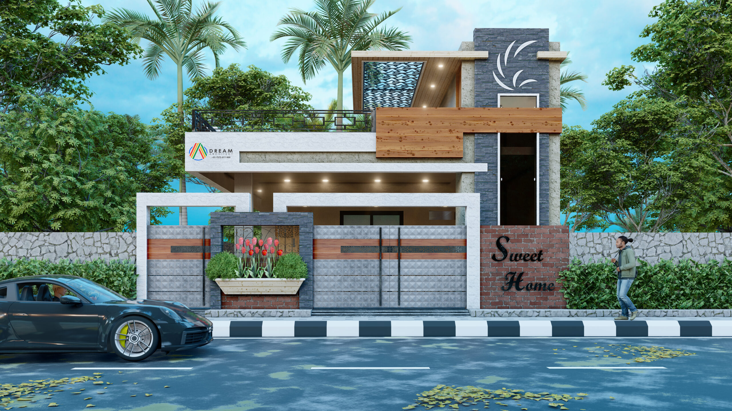 Modern house elevation design with 3D front view, stylish façade, glass windows, and contemporary exterior