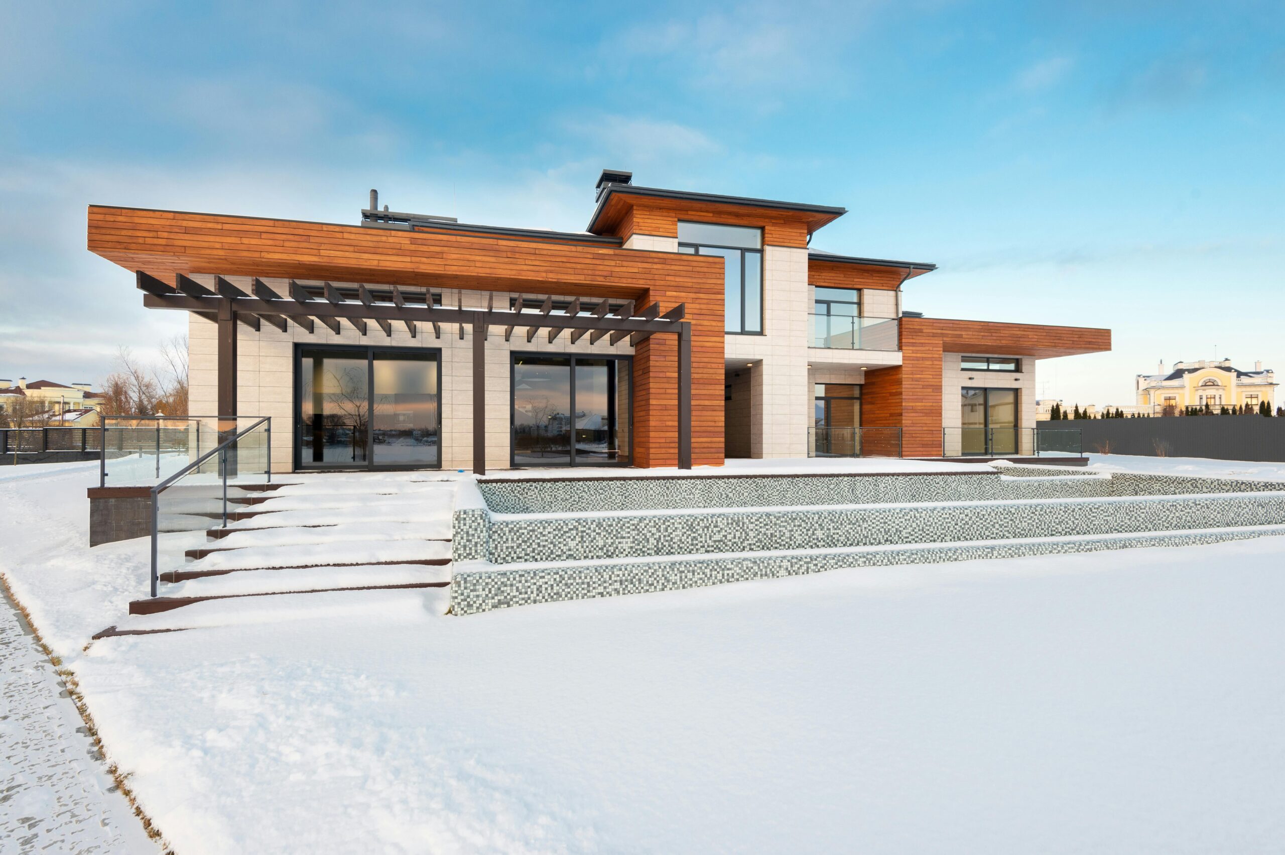 Modern 3D house elevation featuring a contemporary façade with large windows, wooden paneling, and ambient lighting.